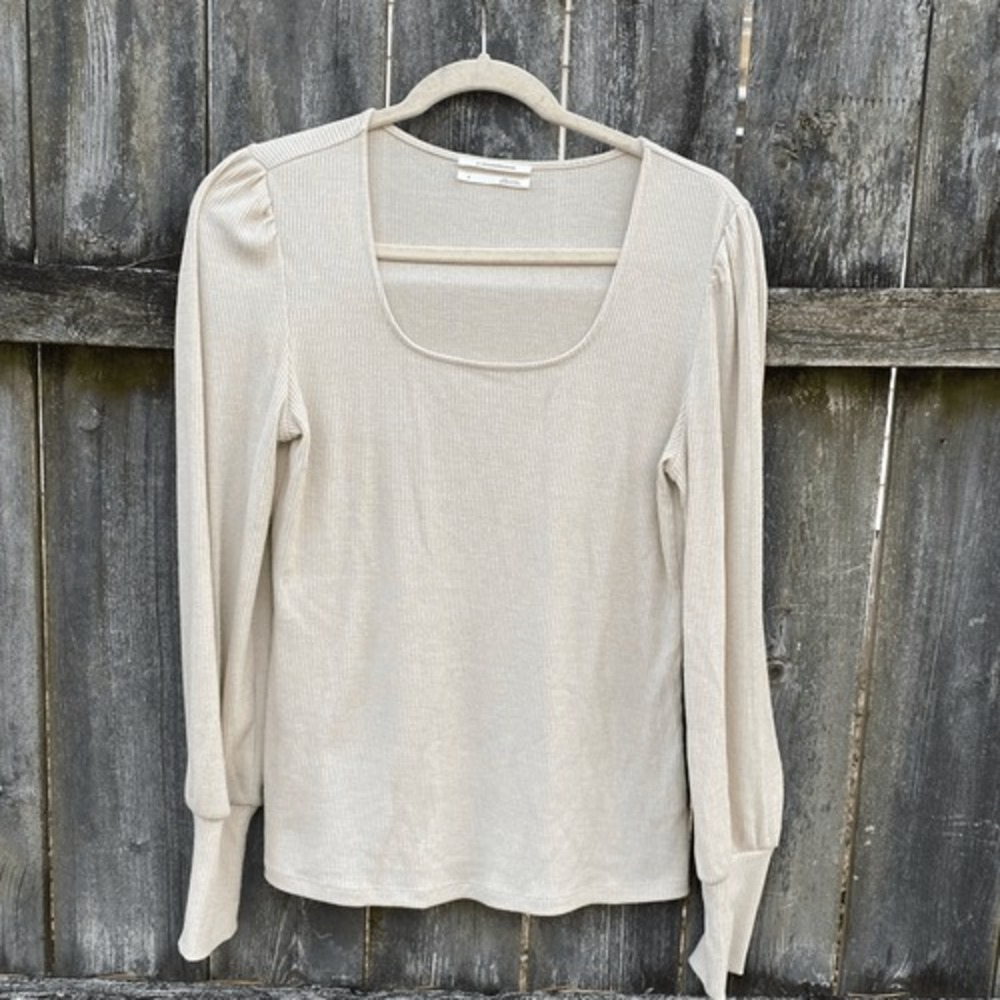 Anthropologie Beige Ribbed Knit Scoop Neck Puff Sleeve Top Small Womens